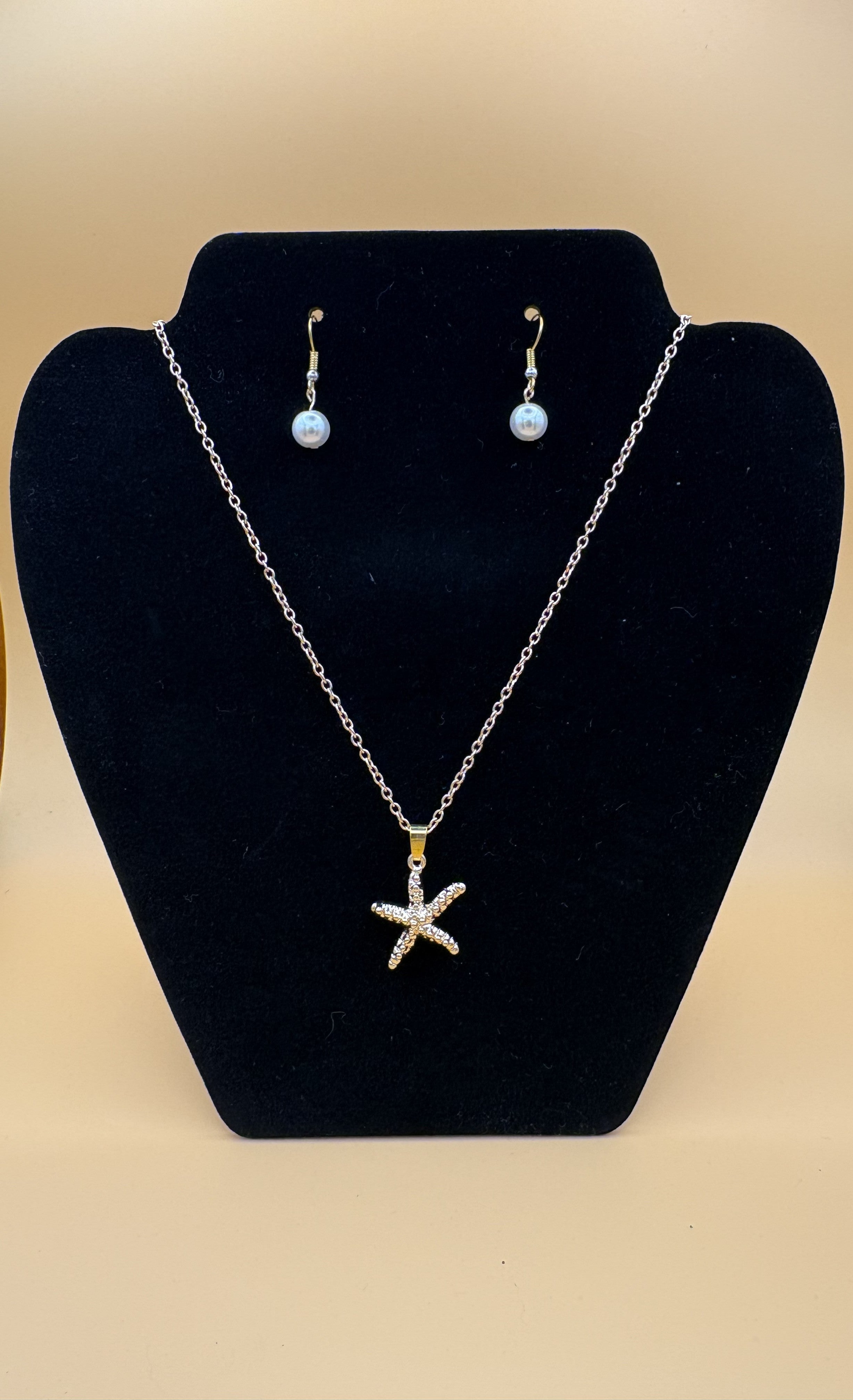 Ocean Charm Starfish Necklace + Imitation Pearl Earrings